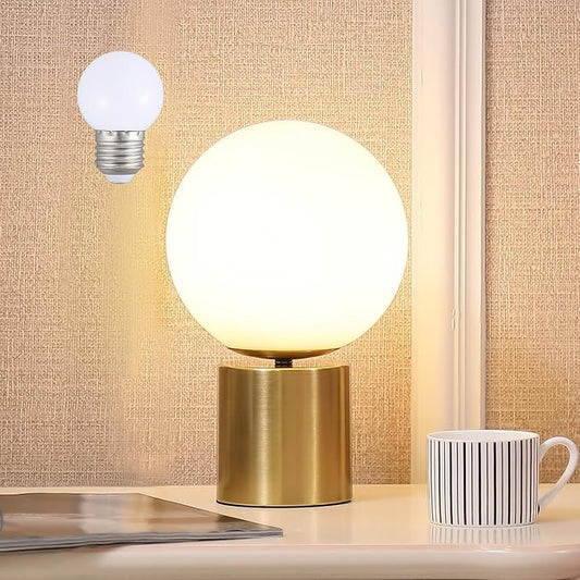 11 Inch Modern Mid Century Gold Globe Table Lamp,Round Bedside Nightstand Lamp with White Glass Shade Metal Base Desk Lamp for Bedroom Living Room End Table