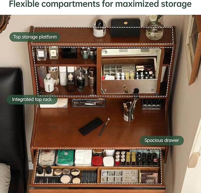 YESWOOD Small Vanity Desk with Mirror, Solid Wood Dressing Table, Movable Drawer Divider, 180° Swivel Make-up Mirror Dressing Desk for Bedroom, Teak Color, 33" D x 16.5" W x 50" H