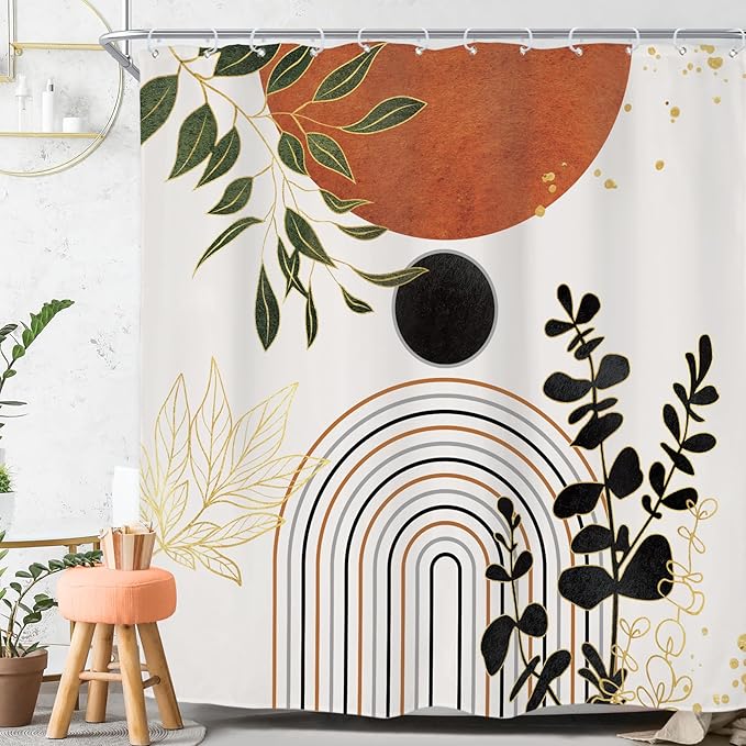Riyidecor Burnt Orange Boho Modern Shower Curtain for Bathroom Decor 72Wx72H Mid Century Bohemian Neutral Unisex Palm Leaves Minimalist Art Printed Fabric Polyester Waterproof 12 Pack Plastic Hooks