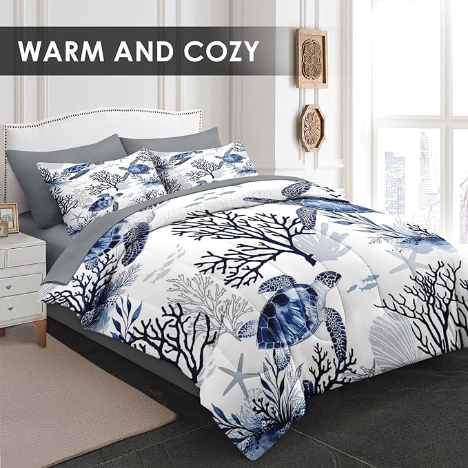 WeCozy 5 Pcs Twin Size Comforter Set with Pillowcase & Sham, Ocean Sea Coral Bedding for Kids and Adults, Blue Animal Turtle Bed in a Bag with Flat Fitted Sheet