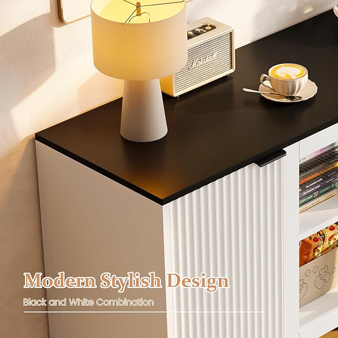 JASIWAY Buffet Cabinet with Storage 55" Fluted Sideboard with Glass Door Modern Coffee Bar Table Accent Credenza Cabinet for Dining Room, Kitchen, Living Room, Hallway, White and Black