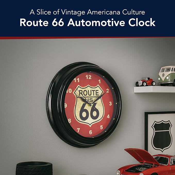 American Art Decor Route 66 LED Wall Clock - 12" Vintage Americana Modern Decor, Battery‑Operated Quartz, Retro Shield for Living Room, Garage, Mancave, Office (Red/Off‑White/Black)
