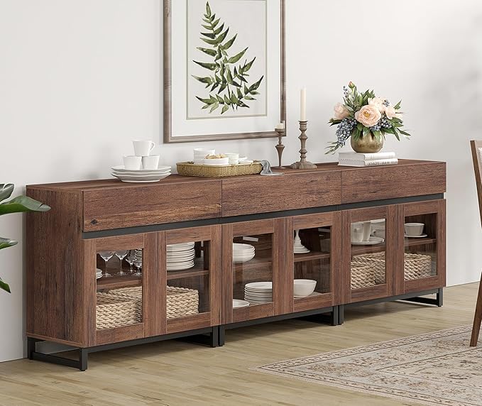 WAMPAT 94.5'' Multifunctional Sideboard Buffet Cabinets with 6 Glass Doors and 3 Drawers, Modern Sideboard Credenza, Coffee Bar Storage Cabinet for Living Room, Kitchen, Brown