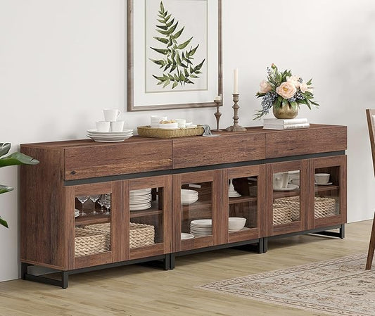 WAMPAT 94.5'' Multifunctional Sideboard Buffet Cabinets with 6 Glass Doors and 3 Drawers, Modern Sideboard Credenza, Coffee Bar Storage Cabinet for Living Room, Kitchen, Brown