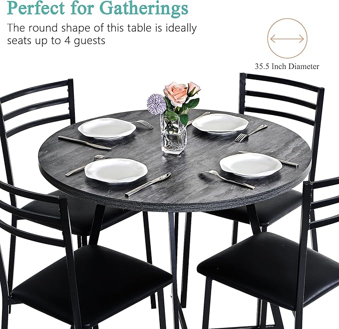 VECELO 35" Round Dining Table for 4, Wood-Grain Tabletop & Heavy-Duty Steel Frame, for Kitchen, Living Room, Easy Assembly, Dark Grey