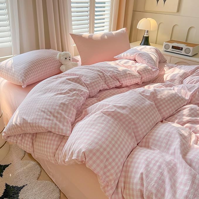mixinni Light Pink Gingham Duvet Cover Set Twin XL Size - 100% Washed Cotton 3 Piece Plaid Checkered Bedding Set, Soft Comfy Grid Farmhouse Comforter Cover with Zipper Closure & Corner Ties