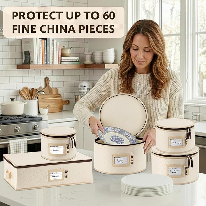 China Storage Hard Shell Containers 5-Piece Set Moving Boxes for Dinnerware, Glasses, Plates, Mugs and Saucers Sturdy Dish Organizer with Dividers for Seasonal Storage - Service for 12 - Beige Quilted