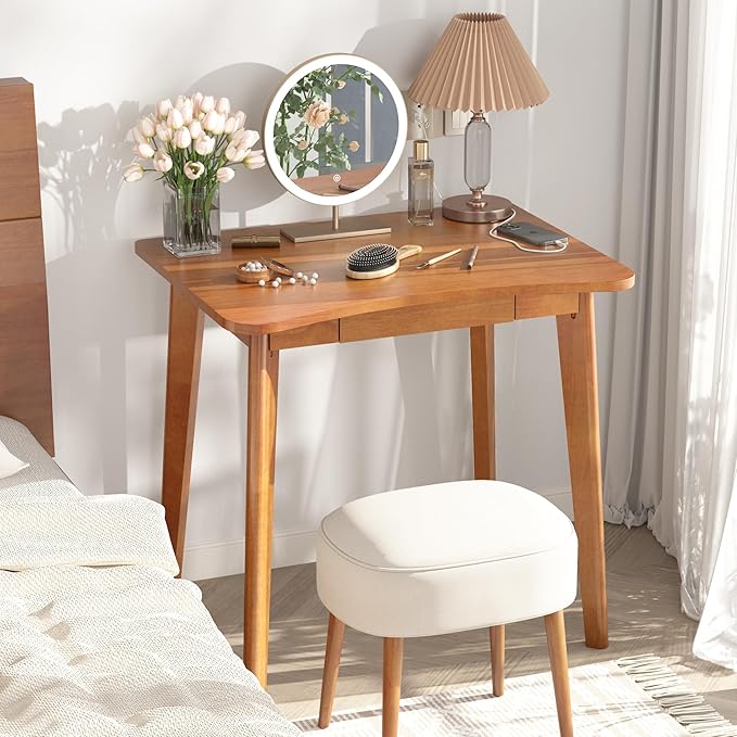 100% Solid Wood Desk with Drawers - 32 x 24 Inch Home Office Computer Desks, Modern Writing Desk with Drawers, Simple Study Table Makeup Vanity - Walnut Vintage Desks