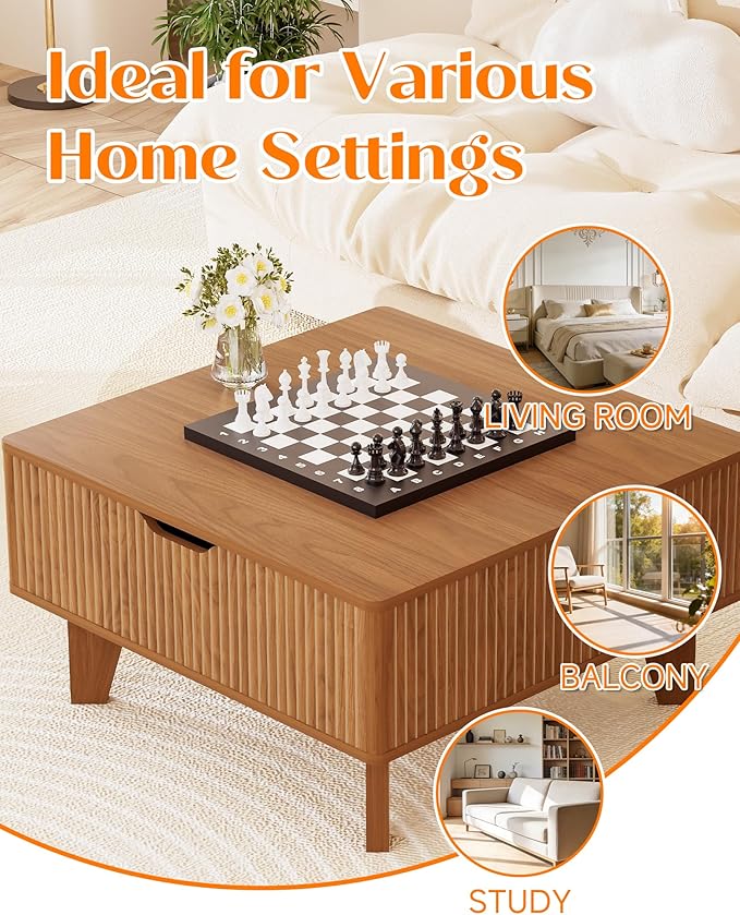 29.7" Lift Top Coffee Table with Storage, Square Wood Fluted Coffee Table for Living Room, Mid Century Modern Center Table with Flip-Top Design for Small Space, Walnut