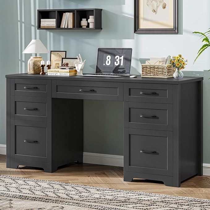 Vabches Farmhouse 61'' Executive Desk with 7 Drawers, Rustic Office Desk Computer Table with File Drawers, Wood Workstation for Home Office and Study,Pure Black