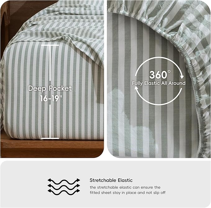 MooMee Striped Sheet Set 100% Washed Cotton Linen Like Textured Breathable Durable Soft Comfy (Sage Green White Classic Stripes, King)