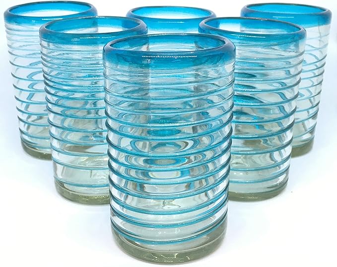 Aqua Blue Spiral 120 oz Pitcher and 6 Drinking Glasses set, Recycled Glass, Lead-free, Toxin-Free (Pitcher & Glasses)