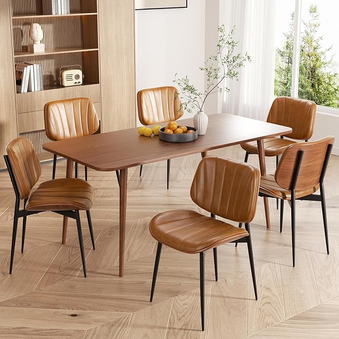 Dining Chairs Set of 2, Mid Century Modern Dining Room Chair, Upholstered Faux Leather Kitchen Chairs with Walnut Bentwood Back and Metal Legs for Kitchen Dining Room Living Room, Brown