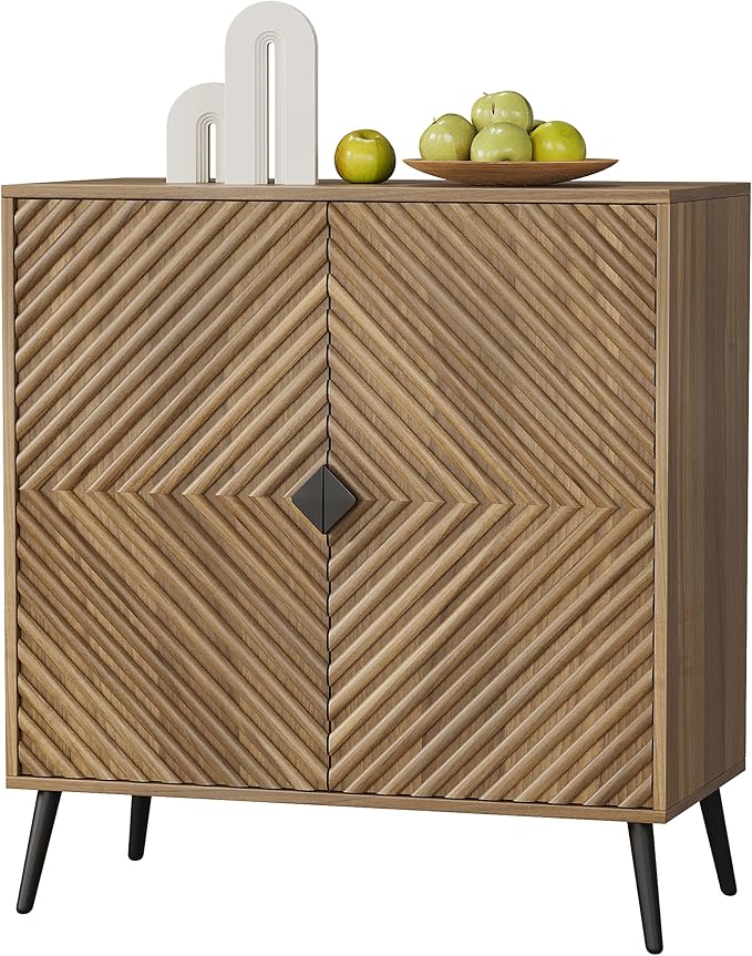 Smuxee Walnut Sideboard Cabinet with Fluted Diamond Doors, Freestanding Buffet Cabinet with Adjustable Shelf, Wood Storage Cabinet for Living Room, Entryway, Hallway