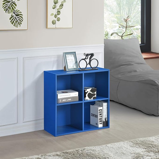 Kings Brand Furniture George 4-Cube Storage Organizer, 2-Tier Bookcase with Wood Shelves for Living Room, Bedroom, Nursery, or Home Office (Blue, 1-Pack)