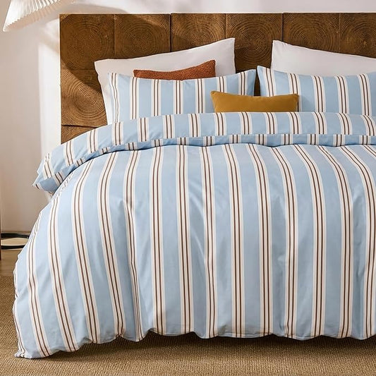 Merryword Striped Duvet Cover Set King Size - 100% Cotton Duvet Cover Set, Light Blue Ribbon Stripes Pattern Comforter Cover 3 Pieces, Soft Linen Like Bedding Set for All Seasons