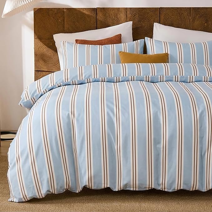 Merryword Striped Duvet Cover Set Queen Size - 100% Cotton Duvet Cover Set, Light Blue Ribbon Stripes Pattern Comforter Cover 3 Pieces, Soft Linen Like Bedding Set for All Seasons