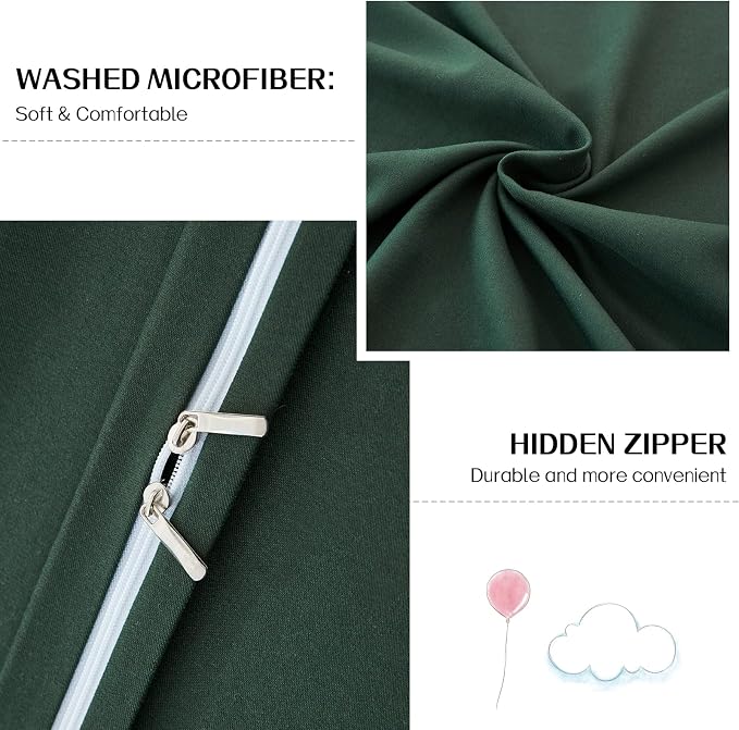 Dreaming Wapiti Duvet Cover King,Washed Microfiber King Size Dark Green Duvet Cover Set,Solid Color - Soft and Breathable with Zipper Closure & Corner Ties (Dark Green, King)