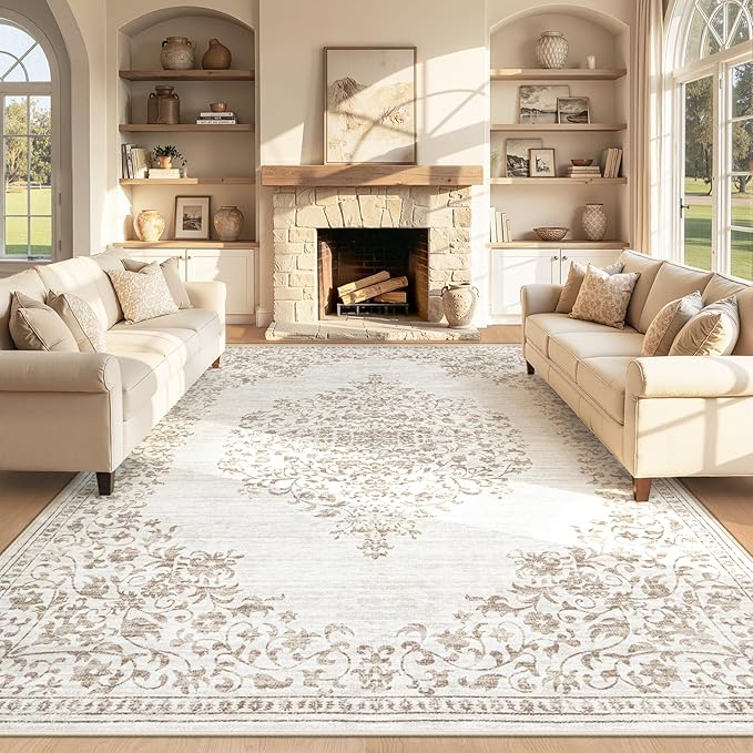 Area Rug 8x10 Vintage Rug: Large Washable Indoor Medallion Rugs Low Pile Distressed Floor Carpet Retro Accent Rug for Living Room Bedroom Kitchen Dining Table Home Office(Vintage Beige, 8'x10')