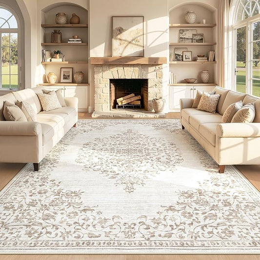 Area Rug 8x10 Vintage Rug: Large Washable Indoor Medallion Rugs Low Pile Distressed Floor Carpet Retro Accent Rug for Living Room Bedroom Kitchen Dining Table Home Office(Vintage Beige, 8'x10')