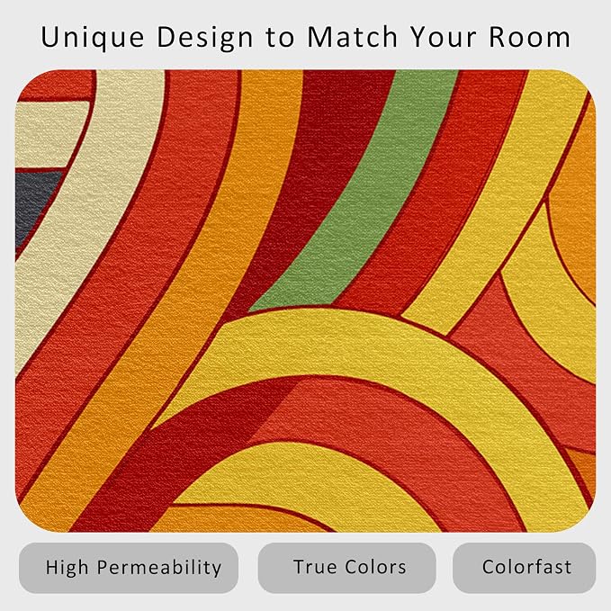 70s Retro Rug 3x5 Abstract Striped Groovy Hippie Pattern Area Rugs for Living Room, Bedroom, 70s Retro Home Decor Accessories Indoor Carpet, Non Slip & Machine Washable, GD0324