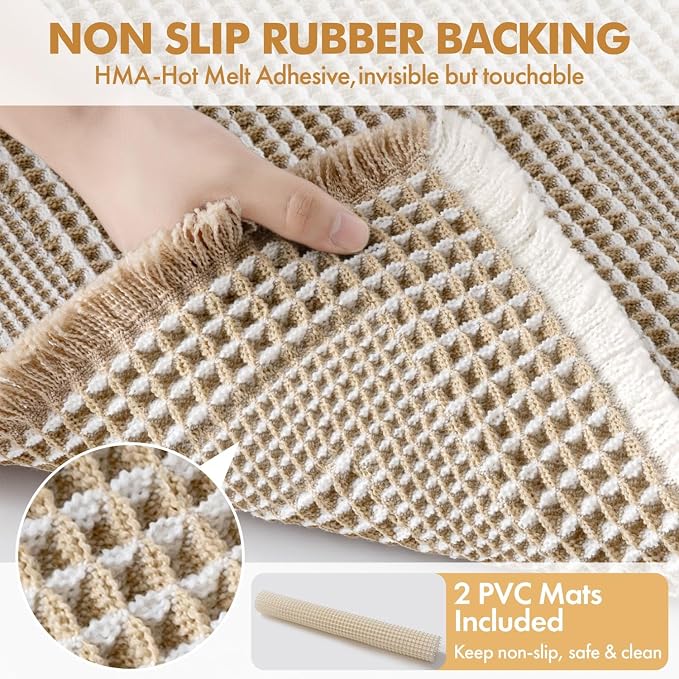 MIULEE Set of 2 Waffle Bathroom Rugs, Boho Bath Rug Super Absorbent, Non Slip Washable Ultra Soft Rubber Backed Beige Bath Mats for Floor, Tub, Shower, Looped Design, Brown & Cream, 18x30 Inch