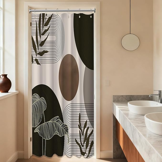 Brown and Beige Shower Curtain Light Brown Tan Taupe Boho Mid Century Modern Shower Curtains for Bathroom Decor MCM Mens Cool Bath Curtain Set, Waterproof Fabric with Hooks 36 x 72 Inch