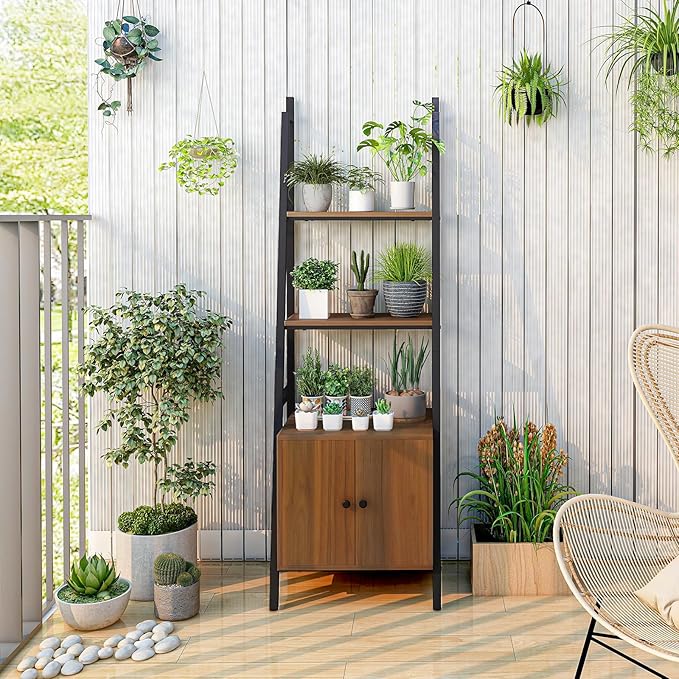 Tangkula 4-Tier Ladder Shelf with Cabinet, 63” Tall Bookshelf, Industrial Bookcase with Metal Frame, Floor Display Shelf Storage Rack for Living Room Study Home Office (2, Rustic Brown)