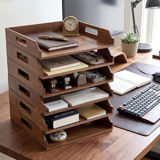 AceOrbit 6 Pcs Stackable Paper Tray Acacia Wood Desk Organizer Letter Tray 6 Tier Wooden File Organizer Desk Shelf for Documents, Letter Sorter, Envelopes and Magazine Holder