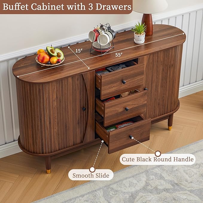55inch Sideboard Buffet Cabinet with Drawer,Oval Curved Sideboard with Tambour Sliding Door,Walnut Buffet Storage Cabinet for Dining Room Living Room Entryway
