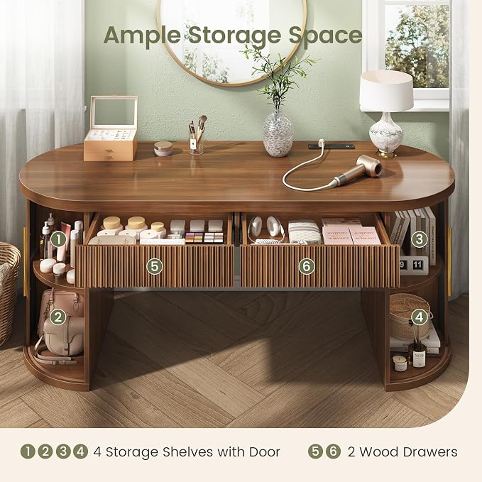SEDETA Office Desk with 2 Drawers, 58.3" x 21.7" Fluted Long Computer Desk with 2 Sliding Doors Storage and Power Strip, Wood Executive Desk for Home Office, Living Room, Bedroom, Brown