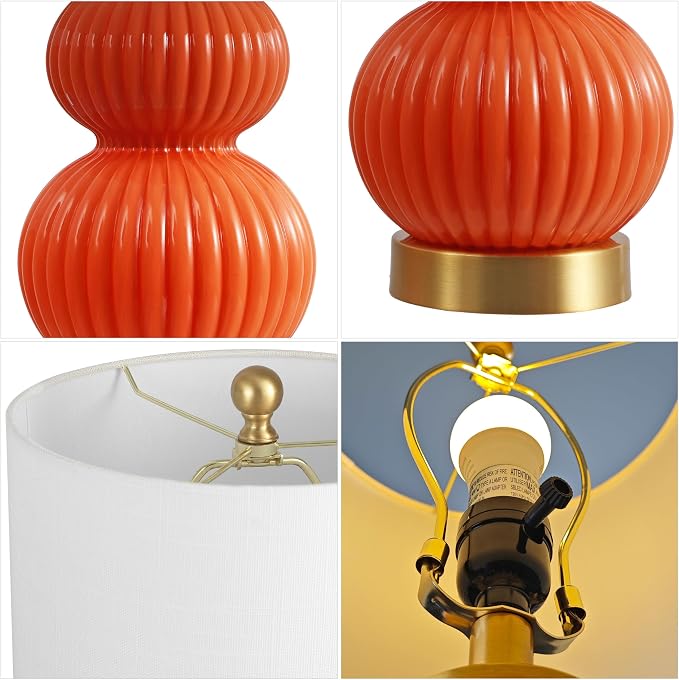 JONATHAN Y 20" Orange/Brass Gold Ribbed Gourd Glass Table Lamp, Modern Bedside Lamp for Bedroom Living Room, White Linen Drum Shade, LED Bulb Included (JYL1099E)