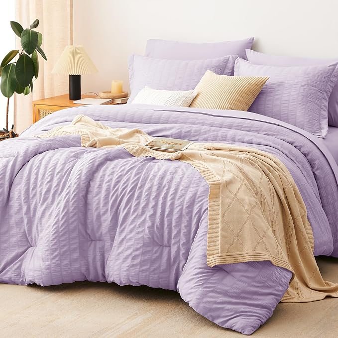 CozyLux Full Size Comforter Sets Light Purple, 7 Pieces Seersucker Textured Luxury Bed in a Bag Lavender, All Season Bedding Set with Down Alternative Comforter, Sheets, Pillowcases & Shams, Home Gift