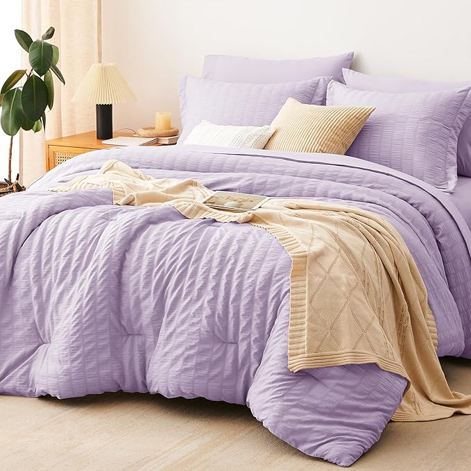 CozyLux Queen Comforter Set Light Purple, 7 Pieces Seersucker Textured Luxury Bed in a Bag Queen, Lavender All Season Bedding Set with Down Alternative Comforter, Sheets, Pillowcases & Shams Home Gift