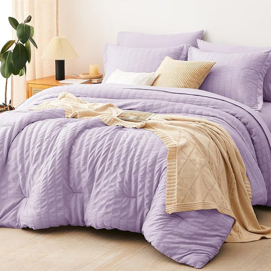 CozyLux King Size Comforter Set Light Purple, 7 Pieces Seersucker Textured Luxury Bed in a Bag Lavender, All Seasons Bedding Set with Down Alternative Comforter, Sheets, Pillowcases & Shams, Home Gift