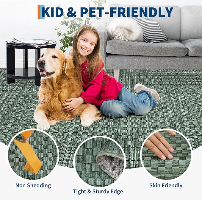 Washable Rug 5x7 Area Rug for Living Room Bedroom Rug Modern Contemporary Large Area Rug Non Slip Throw Rugs Soft Faux Wool Low Pile Stain Resistant Carpet for Dining Room 5'x7' Green