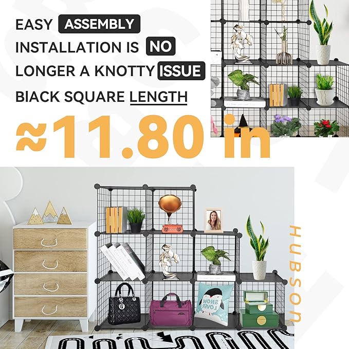 HUBSON Wire Cube Organizer, Book/Toy/Craft/Potted Plants and Pet Closet Organizers, 16-Cube Freely Combinable Metal Grids Storage Shelf, Black Plus Iron