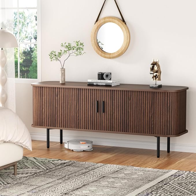 55''W Storage Cabinet, Fluted Sideboard Buffet Cabinet with Storage, Console Table Credenza with Tambour Slatted Sliding Doors and Shelves, Modern TV Stand for Living Room, Kitchen, Entryway, Walnut