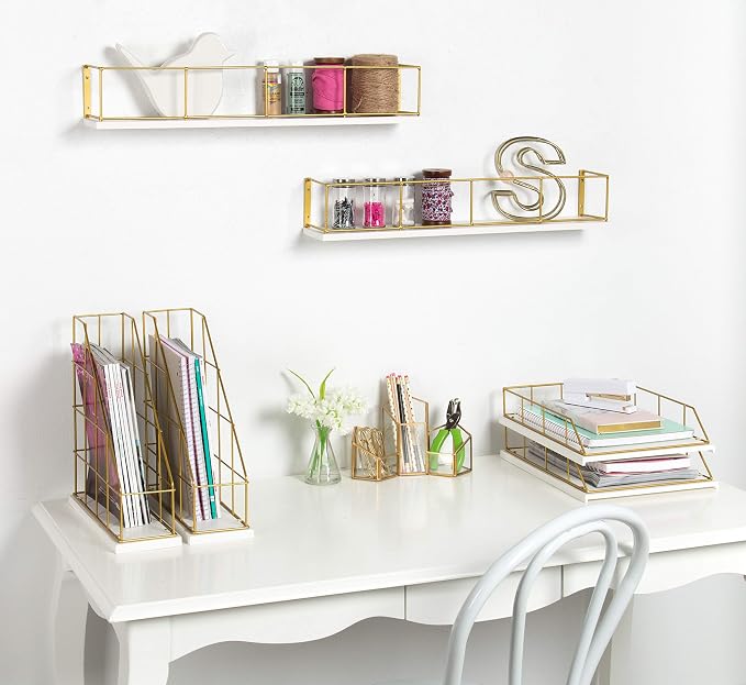 Kate and Laurel Benbrook Stacked Metal and Wood Letter Trays, White and Gold
