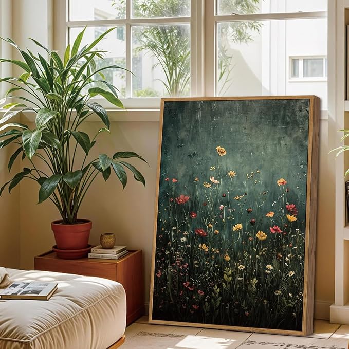 WALLZK Vintage Framed Wall Art Wildflower Canvas Prints Botanical Pictures Green Nature Floral Decor Artwork for Walls Living Room Bedroom Bathroom 16"x24"