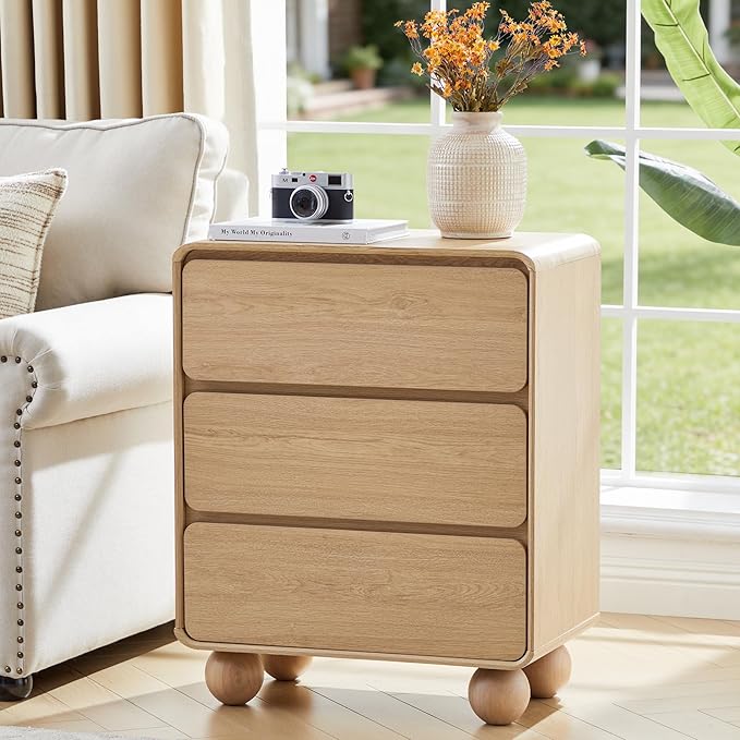 AVZEAR Modern3 Drawer Dresser for Bedroom, Curved Wooden Dresser Chest of Drawers, 3 Drawer Nightstand Closet Clothes Storage Organizer for Kids Bedroom, Living Room, Nursery, Natural