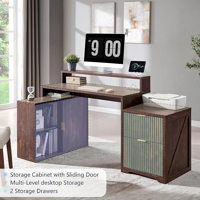JXQTLINGMU 67" Modern L Shaped Desk with Storage Cabinet & Drawers, Wood Home Office Desk with Power Outlets, Fluted Computer Writing Desk, Dark Walnut