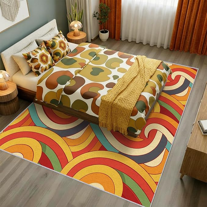 70s Retro Rug 4x6 Abstract Striped Groovy Hippie Pattern Area Rugs for Living Room, Bedroom, 70s Retro Home Decor Accessories Indoor Carpet, Non Slip & Machine Washable, GD0325