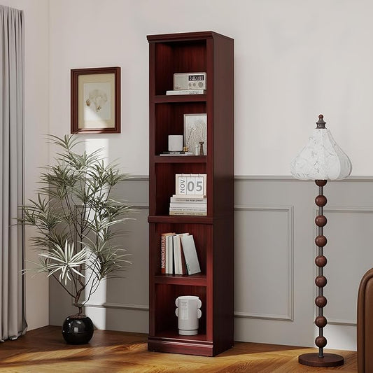 blini 5-Shelf Narrow Bookcase Wooden Tall Bookshelves Floor Standing Display Storage Shelves Mahogany Bookcase for Home Office, Living Room, Bed Room