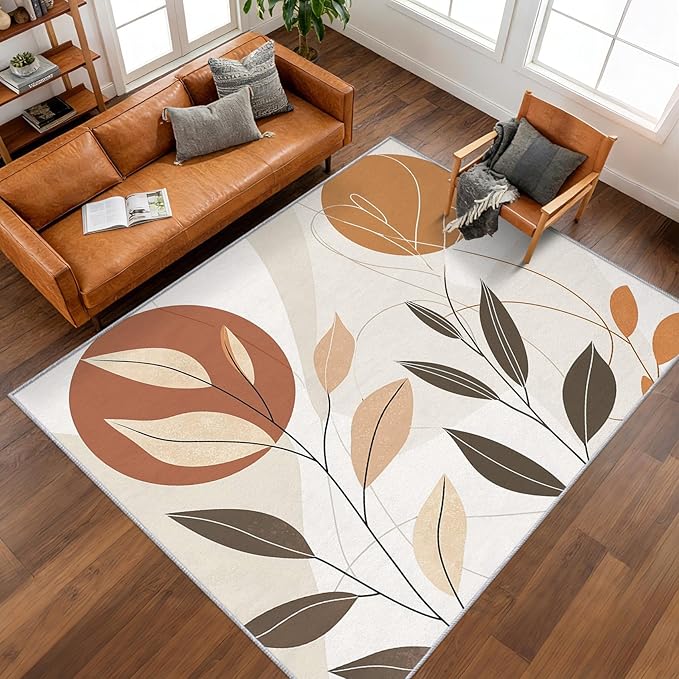 5x7 Abstract Leaves Rugs for Bedroom Decor, Washable Mid Century Modern Pattern Area Rug, Living Room Home Decoration, Non Slip Soft Thin, Modern Botanical Decor Carpet PF-P 117