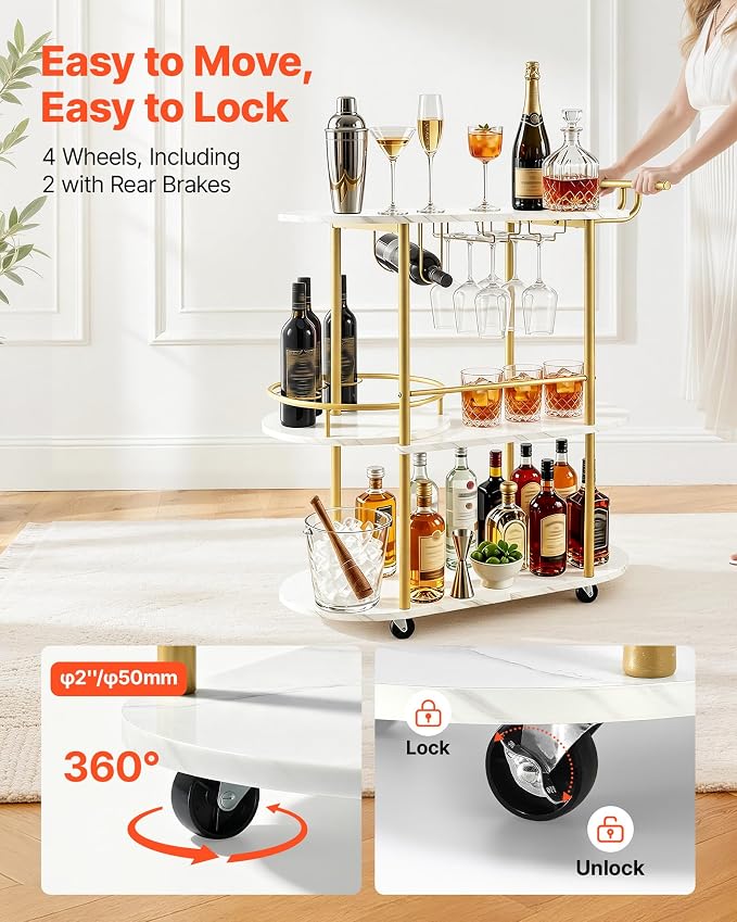 VEVOR Bar Cart, 3 Tiers Home Kitchen Serving Carts, Modern Round Rolling Utility Station on Wheels, Mobile Drink Beverage Trolley w/Wooden Shelf, Wine Rack, Glass Holder, for Living Dining Room, Gold