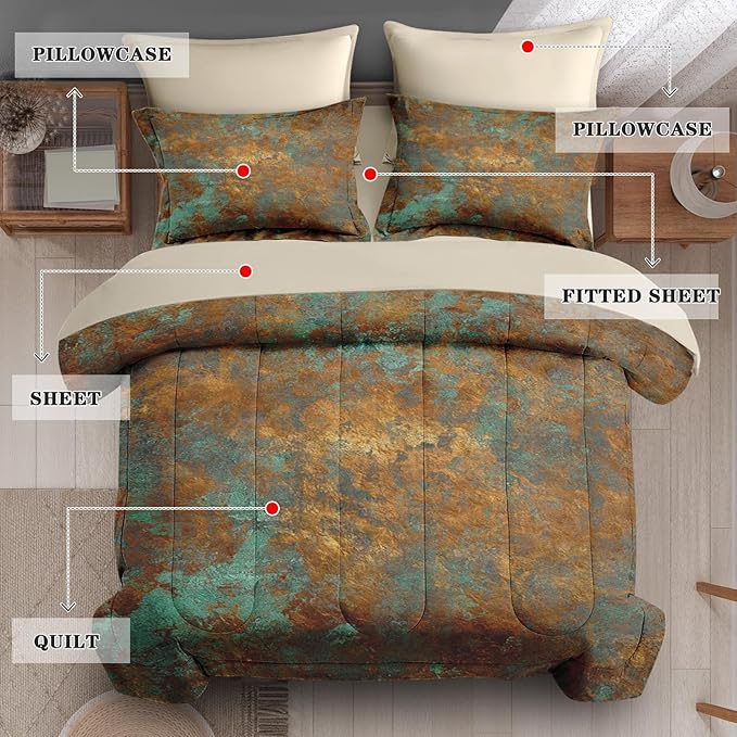 7Pcs Comforter Set King Size, Teal Brown Bronze Copper Gradations Abstract, Bedding Decor Orange Rust Brass Metallic Bedroom Bed Set Flat Sheet Fitted Sheet Pillowcases Shams for Kids Adults