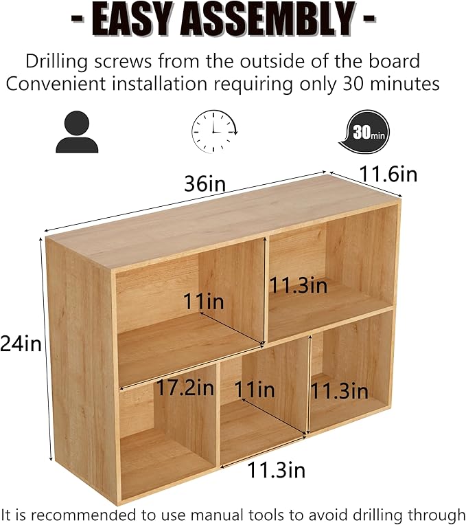 Wooden 5 Cube Storage Organizer with Closed Back Panel,White Cube Shelf Cubby Storage Organizer with Compartments for Living,Bookshelf, Easy to Install (Oak, 5 Cube-11in)