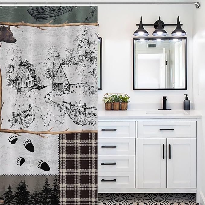 Rustic Cabin Vintage Bear Shower Curtain Country Lodge Deer Mountain Forest Farmhouse Waterproof Shower Curtains for Bathroom Decor 12 Pack Hooks 72x72in (183x183cm)