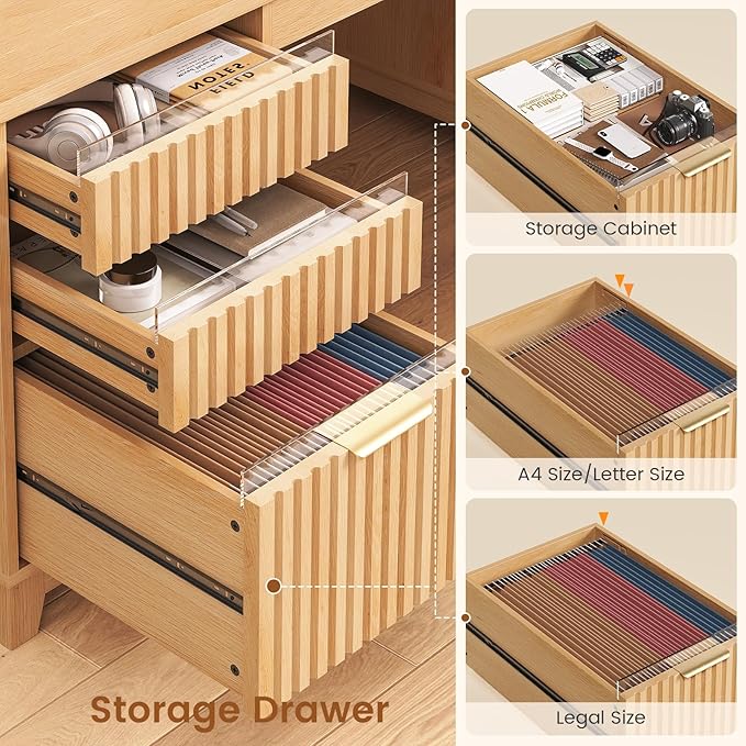 SEDETA 55.1" Fluted Office Desk with 6 Drawers, Modern Executive Desk with Acrylic File Drawers, Computer Desk with Power outlets for Home Office and Study, Natural